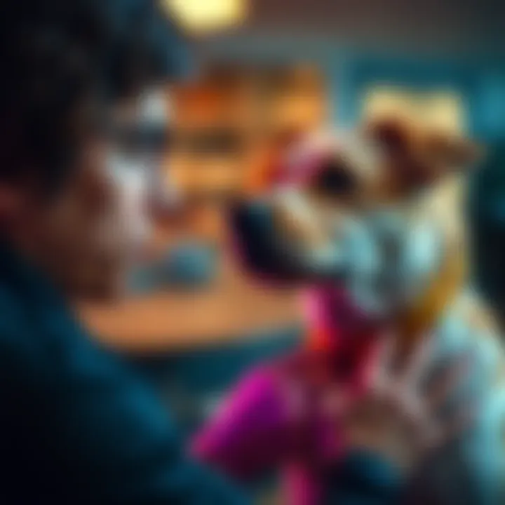 A person examining a dog, comparing features to identify if it is real or AI-generated, with a thoughtful expression.