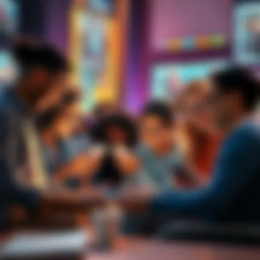 A diverse group of people engaging in a lively discussion on their devices, connected by shared interests.