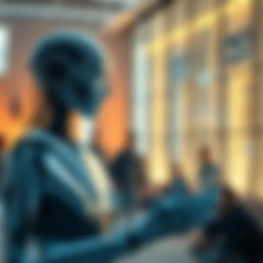 A humanoid robot interacting with people using advanced AI technology in a modern setting.