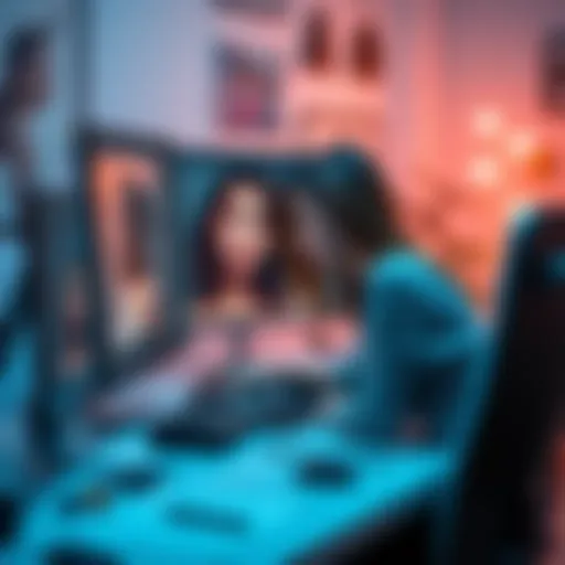 A digital artist working on a realistic girlfriend image, focusing on lighting and details, with a computer screen displaying the artwork and various prompts on the desk.