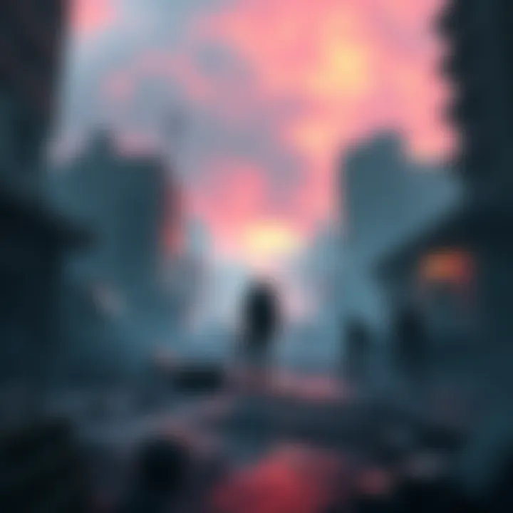 A character in a zombie survival game scavenging for supplies in a deserted urban environment, surrounded by ruins and undead creatures.