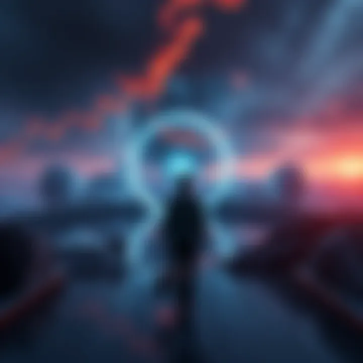 A surreal scene depicting a person looking at a mirror reflecting a distorted world, symbolizing the idea that reality may be an illusion