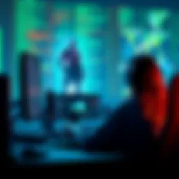 A visual representation of a game developer working on code for League of Legends, with lines of spaghetti code in the background and game elements like champions and maps on a screen.