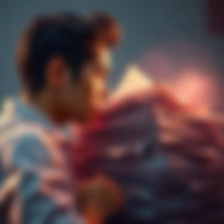 A person pondering over a stack of recent news articles and social media posts, symbolizing the impact of new information on decision-making.