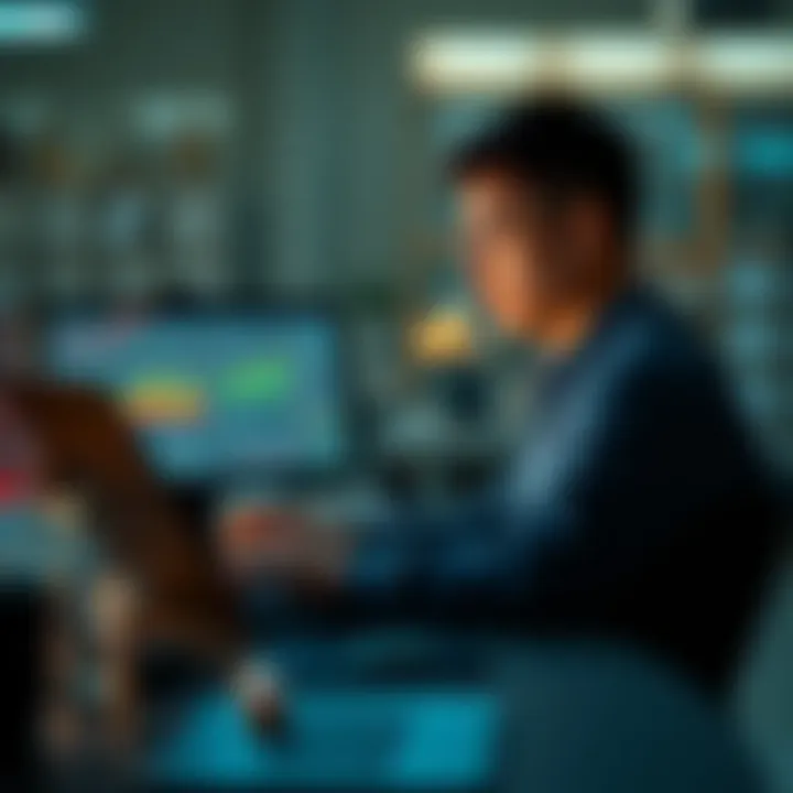 A recent graduate working on a laptop with data analysis on the screen, looking concerned about career options