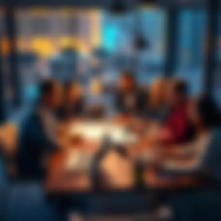 A group of diverse professionals discussing project developments around a table with charts and laptops.