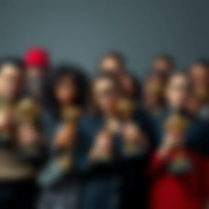 Recognition Without Merit A group of diverse people holding trophies with uncertain expressions, symbolizing unearned accolades in psychology.