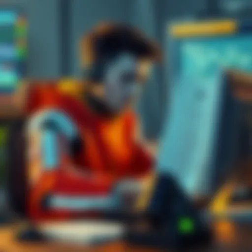 A person sitting at a computer, considering the legality of remaking a deleted bot while looking at a document labeled 'Legal Guidelines'.