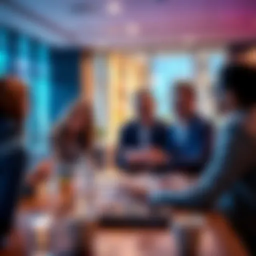 A team meeting with professionals discussing strategies to find subject matter experts in patent law for AI projects.