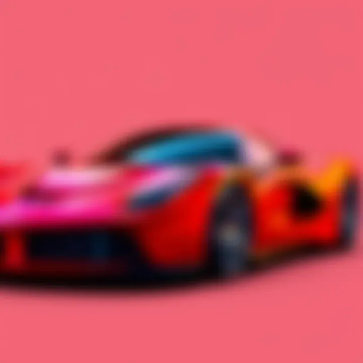 A vibrant red Ferrari supercar with sleek curves and a shiny finish, shown in a dynamic angle to highlight its design, set against a simple backdrop.