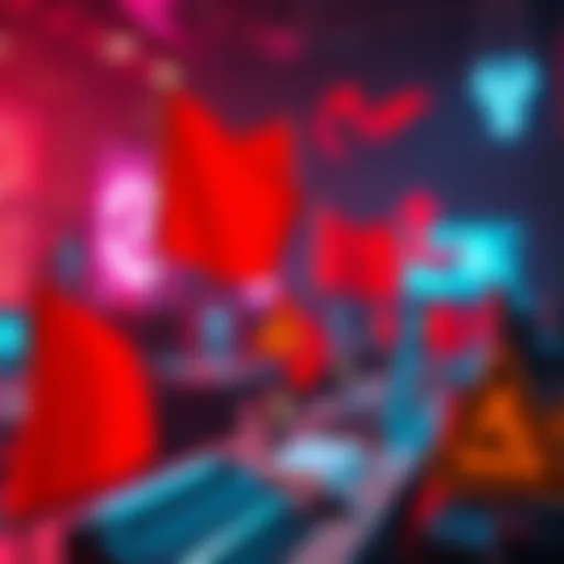 A visual representation of warning signs such as red flags and caution symbols in a game development setting, highlighting negative attitudes and behaviors among developers.