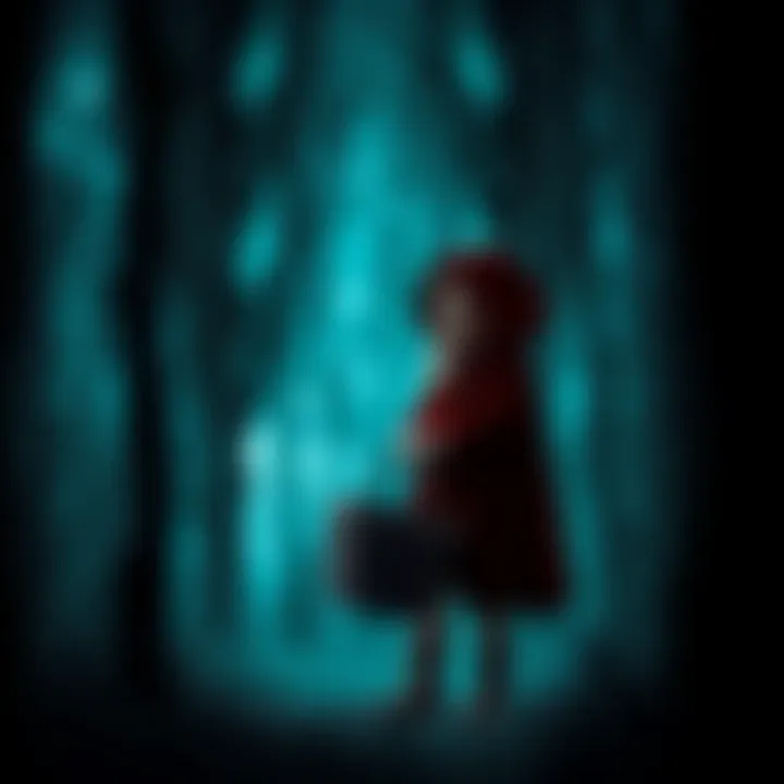 A young girl in a red hood stands in a spooky forest surrounded by eerie shadows, clutching a basket tightly.