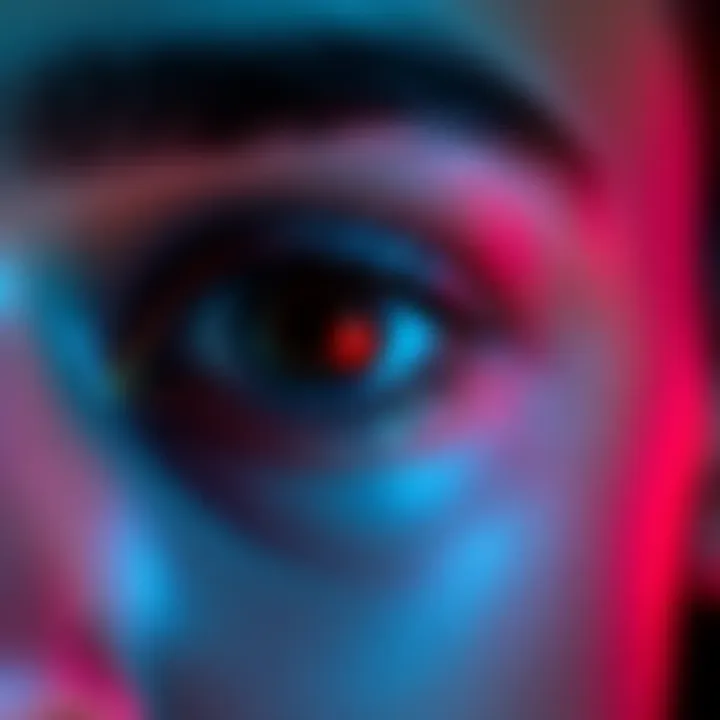 A graphic showing a simple red dot tool used to adjust eye direction in images, illustrating how it enhances eye angles for better image editing.