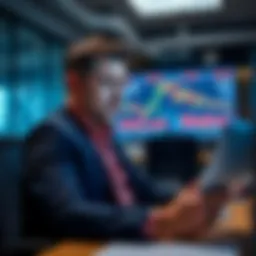 Reddit CEO looks worried while reviewing stock charts and Google AI performance reports in an office setting