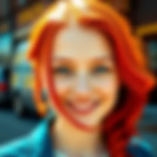 A young woman with vibrant red hair smiling, showcasing her unique beauty and charm in a bright outdoor setting.