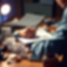 A person focuses on refining ideas with a notepad and pen, surrounded by crumpled paper, symbolizing the thought process of improving weak concepts.