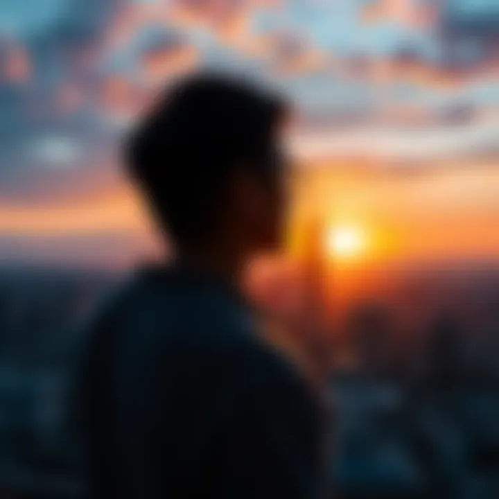A person looking out over a city skyline, with a sunset in the background, symbolizing personal growth and significant events of the year 2025.