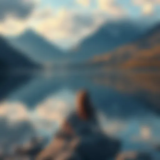 A solitary figure sitting on a rock by a serene lake, contemplating their past mistakes and seeking redemption, with mountains in the background.