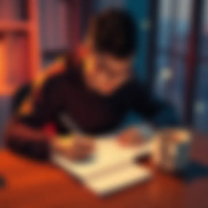 Reflections on a Week A person sitting at a desk, writing in a journal with a cup of coffee beside them, reflecting on their week.