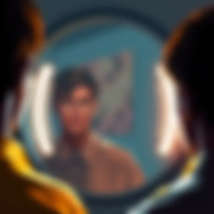 A person looking at their reflection in a mirror, contemplating their identity and self-awareness.