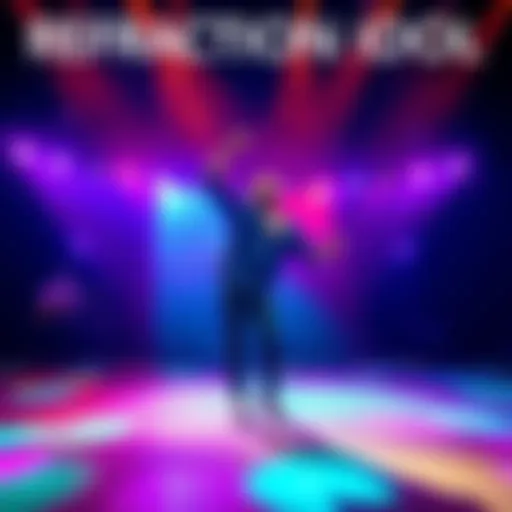 A performer showcasing talent on stage with colorful lights and an audience in the background.