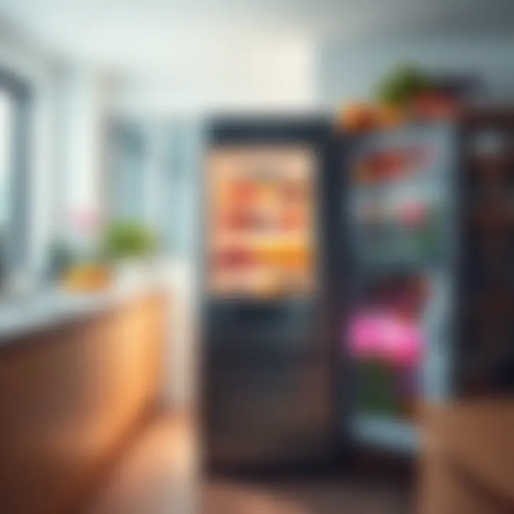 A modern refrigerator standing in a bright kitchen, filled with fresh fruits and vegetables, showcasing its role in food preservation.