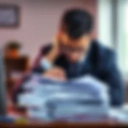 A stressed-out professional pushing back against a stack of work papers at their desk, signaling the need for balance
