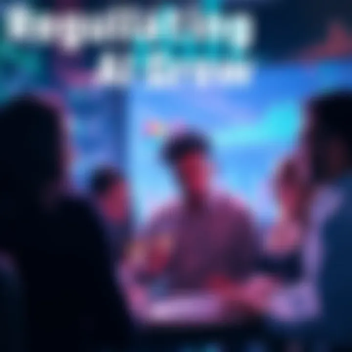 A group of diverse people discussing AI regulations with charts and graphs in the background