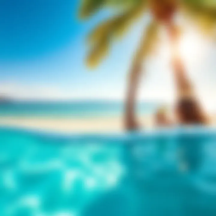 A peaceful beach scene with clear blue water, soft sand, and a person lounging under a palm tree with a drink in hand, enjoying the sun
