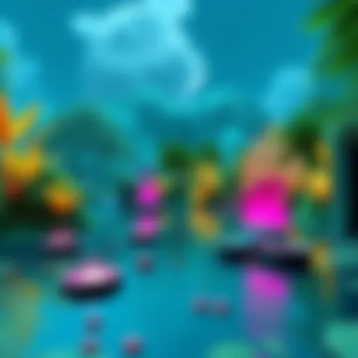 A serene virtual environment with lush greenery and calm waters, designed for relaxation and exploration in a VR game.