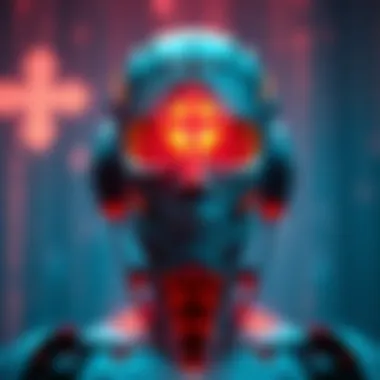 A robot symbolizing religious AI, with a glowing brain and a cross, blending technology with spirituality.