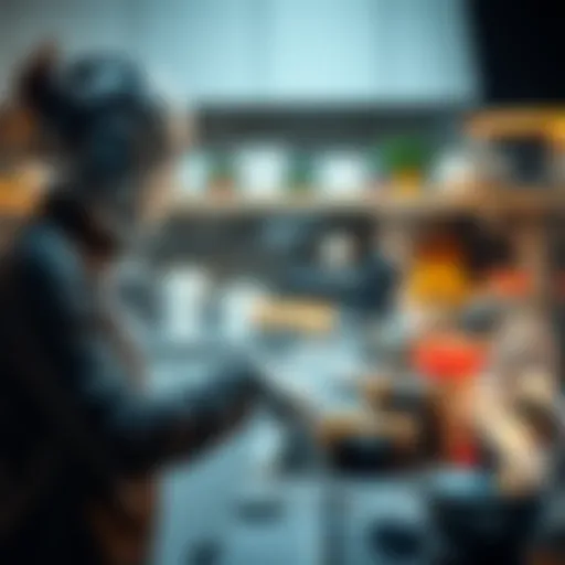 A person using a teleoperation device to control a robot while cooking and cleaning in a kitchen environment.