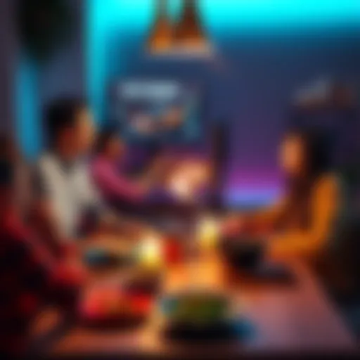 A computer setup showing RTX 3060 graphics card rendering performance during a family dinner