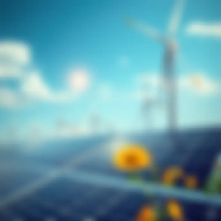 Solar panels and wind turbines producing clean energy
