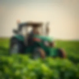 A farmer fixing a no-tech tractor in a green field with crops around.