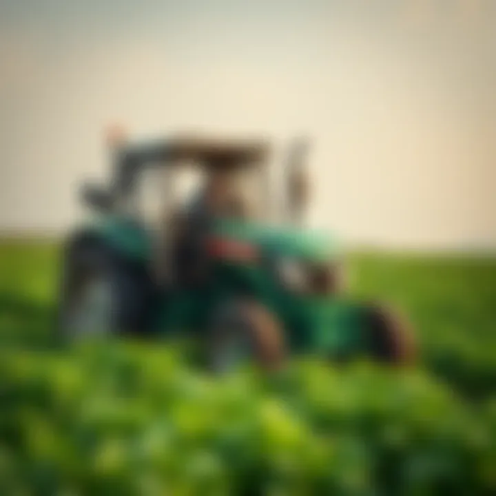 A farmer fixing a no-tech tractor in a green field with crops around.
