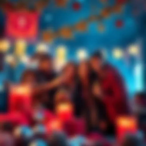 A group of people enjoying festivities together with decorations and cheerful expressions on Thors-day.