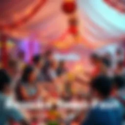 People enjoying food and festivities at the Replika Town Feast, surrounded by colorful decorations and smiles.