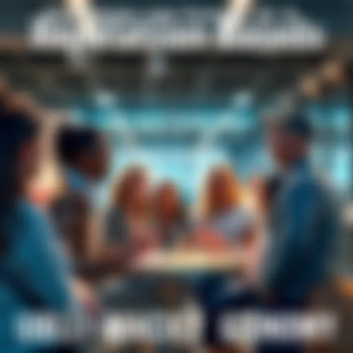 A group of diverse people engage in a lively conversation about a reputation-based economy, exchanging ideas and opinions in a modern setting.