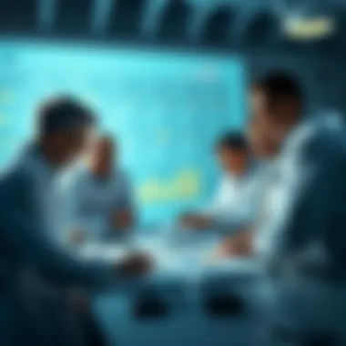 A group of scientists discussing new research findings with charts and graphs on a table.