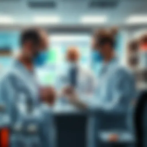 Scientists in a lab conducting research on male pattern baldness treatments, with drug simulation charts and hair follicles visible.