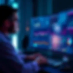 A researcher looks at complex data on a computer screen, showing graphs and charts that represent research trends.