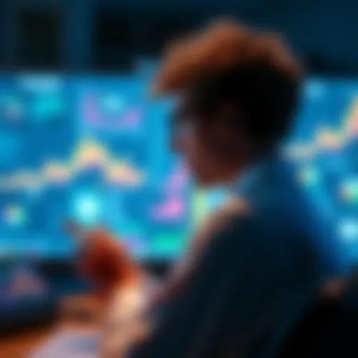 A concerned researcher looks at a computer screen with data related to artificial intelligence, symbolizing worries about AI risks.
