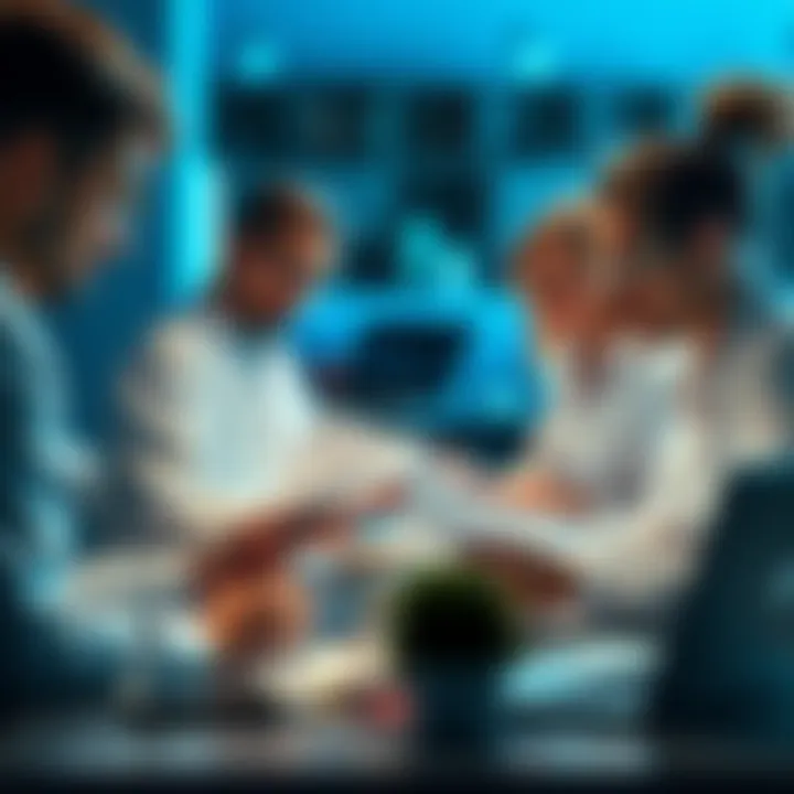 Researchers Resigning ChatGPT A group of frustrated researchers discussing the limitations of ChatGPT for biosciences with papers and laptops in front of them.