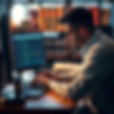Individual looking at GitHub on a laptop, analyzing leaked API keys, with legal books in the background