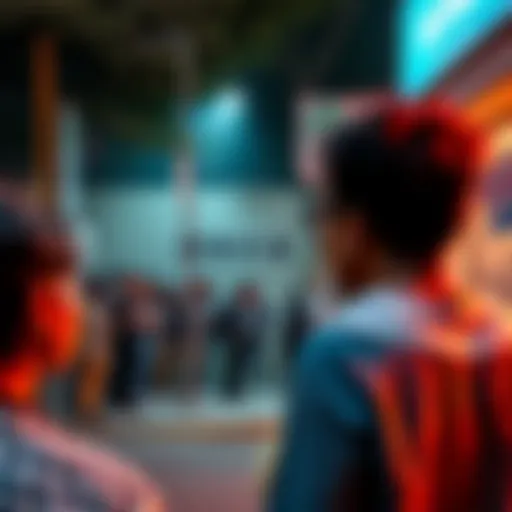 A crowd of concerned people gathered on the street looking at a cryptic message on a wall
