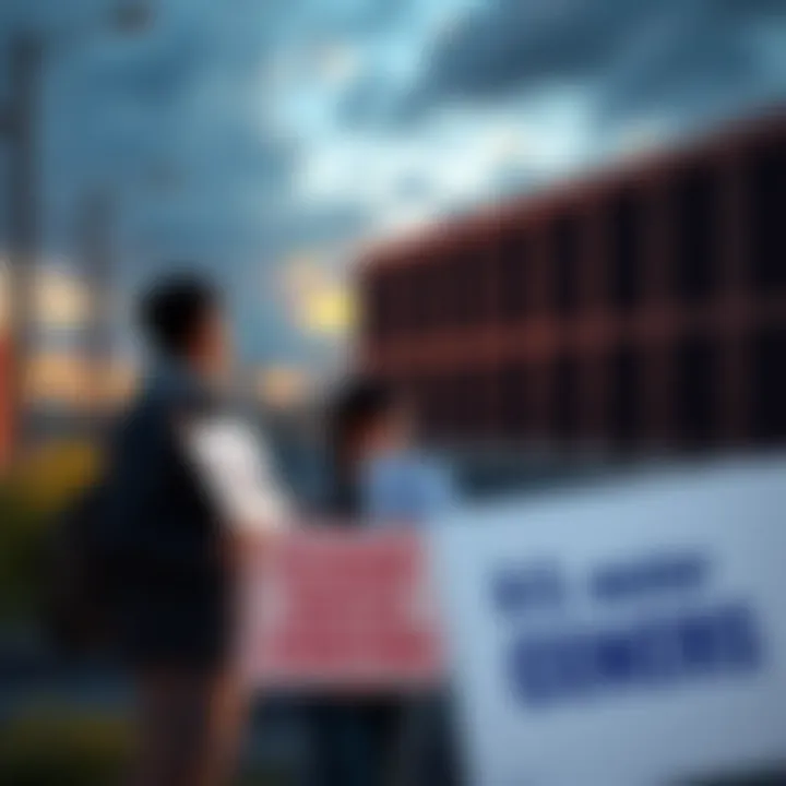 People standing by a data center with signs about water quality issues