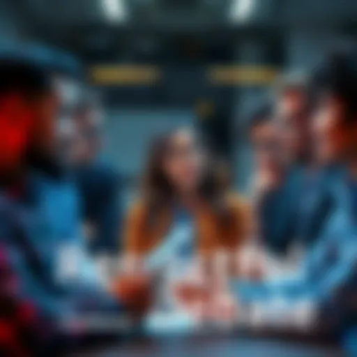 A diverse group of people discussing AI with thoughtful expressions, engaged in a respectful conversation, maintaining a calm atmosphere.