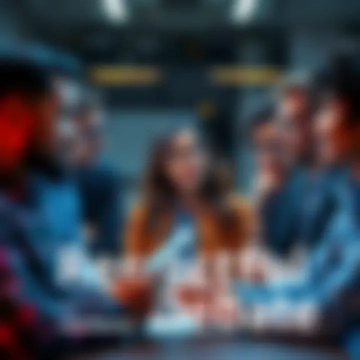 A diverse group of people discussing AI with thoughtful expressions, engaged in a respectful conversation, maintaining a calm atmosphere.