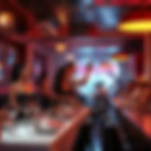 A lively restaurant scene with servers in glamorous outfits, showcasing performance art while guests enjoy their meals.